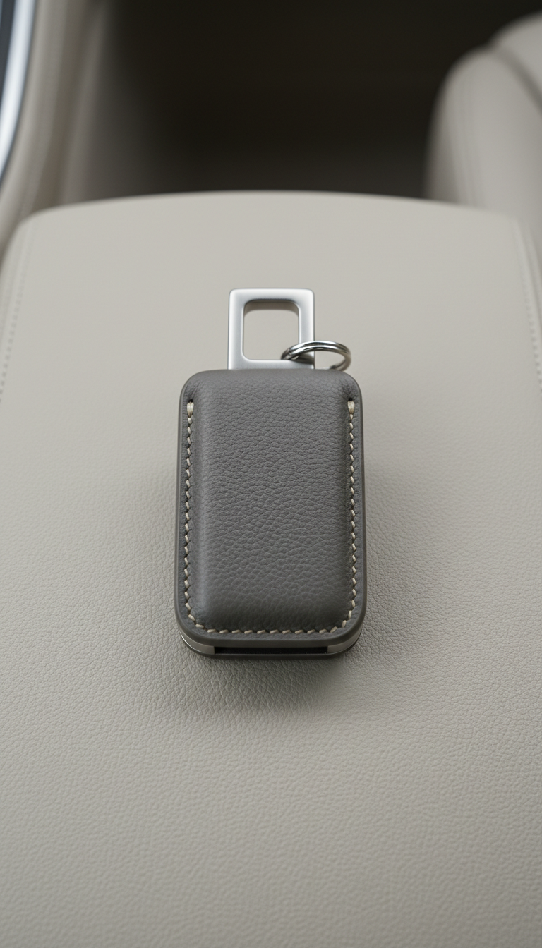 Leather Key Fob On Linen Armrest
